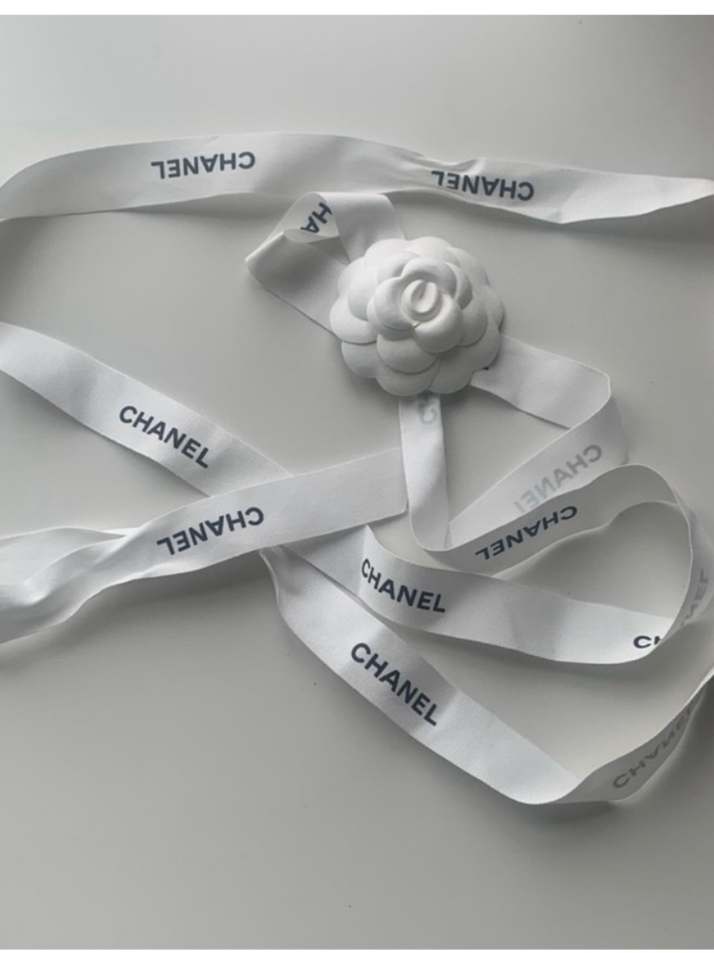 Chanel White Cotton Logo Ribbon Hair Ribbon White Camellia Flower Embellishment